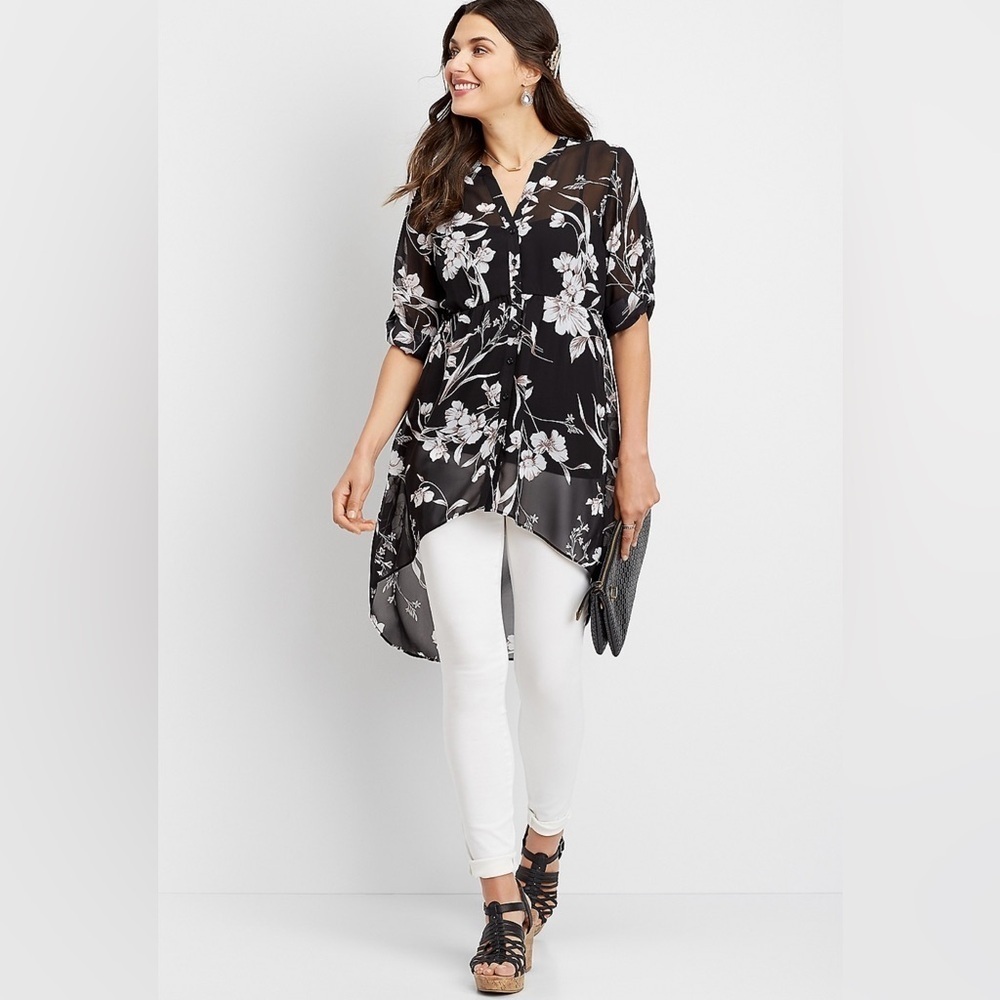 Maurice’s black floral button down high low tunic blouse - Picture 1 of 6